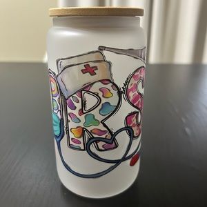 Frosted Can Shaped Glass Cup with Bamboo Lid and plastic Straw BPA-Free .16